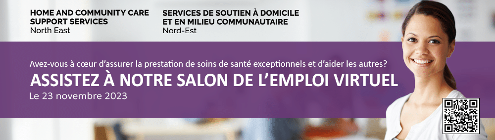 Image d'une femme dans une scène de bureau. Le texte inclus est : Avez-vous à cœur d’assurer la prestation de soins de santé exceptionnels et d’aider les autres? ASSISTEZ À NOTRE SALON DE L’EMPLOI VIRTUEL. Le 23 novembre 2023.